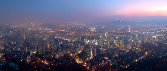 Obraz premium Breathtaking Panoramic View from Namsan Tower Overlooking the Vibrant Cityscape of Seoul at Dusk