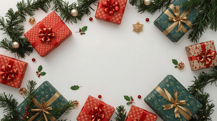 Elegant Christmas presents with festive decorations, perfect for holiday promotions, greeting cards, and joyful seasonal campaigns with space for copy
