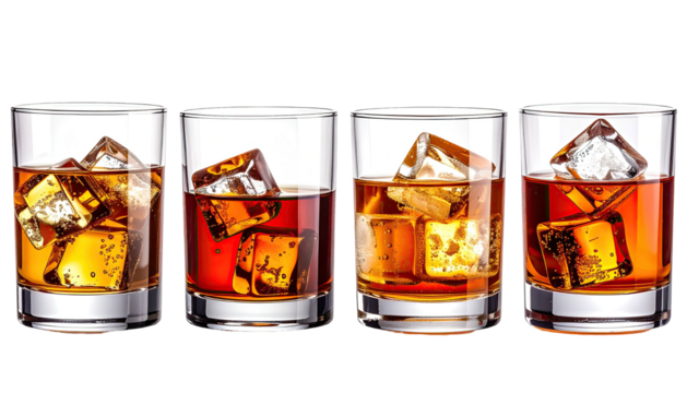 Four short glasses with amber liquid & ice