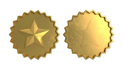 Two gold medallions, one embossed star, ornate, wavy