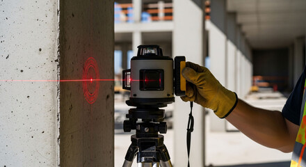 A construction professional utilizes a rotary laser level for precise measurement and horizontal alignment on a modern building site
