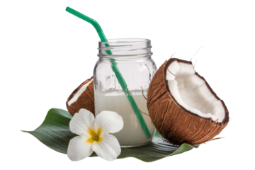 coconut water in jar with straw and flower on white background