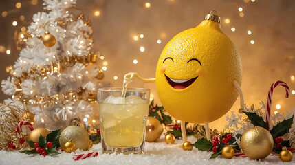 Whimsical lemon smiles while pouring a refreshing drink beside a festive Christmas tree, embodying holiday cheer and the joy of simple pleasures