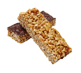 peanut and chocolate granola bars on white background.