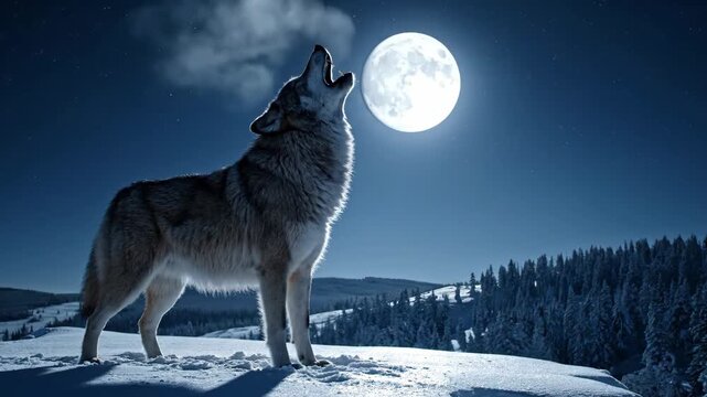 A majestic wolf howls at the bright full moon in a serene, snowy winter night landscape.