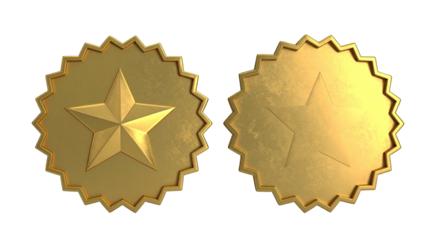 Two gold medallions, one embossed star, ornate, wavy
