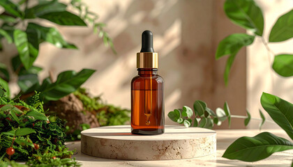 Natural skincare bottle on mossy wood with lush green foliage background.