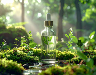 Natural skincare bottle on mossy wood with lush green foliage background.