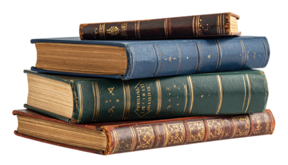 Stacked vintage books, worn covers, aged paper edges visible
