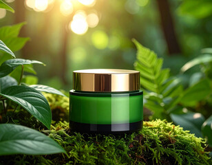 Natural skincare bottle on mossy wood with lush green foliage background.