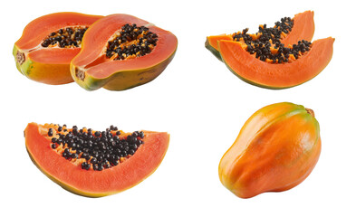 fresh papaya slices and whole fruit on white background