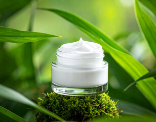 Natural skincare bottle on mossy wood with lush green foliage background.