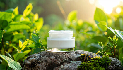 Natural skincare bottle on mossy wood with lush green foliage background.