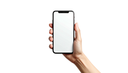 Hand holds a black smartphone with a blank white screen