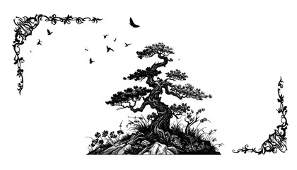 Isolated tree on rocks with corner floral embellishments