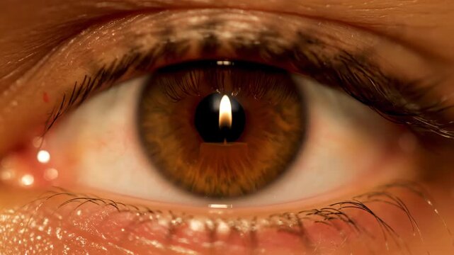 Close-up of a human eye with a lit candle flame reflecting within the pupil.