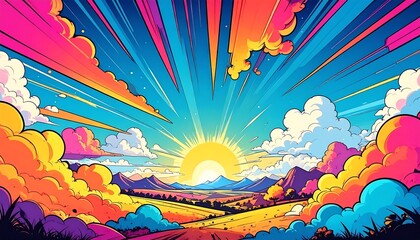 Vibrant cartoon landscape sunrise