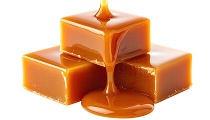 Stack of shiny caramel candies with a drizzle
