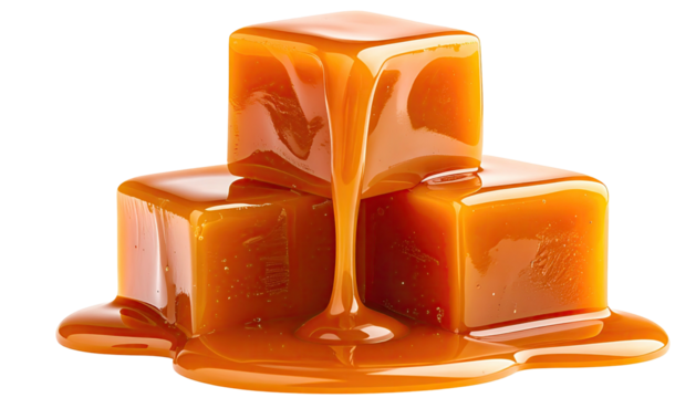 Three caramel squares stacked with dripping, gooey topping