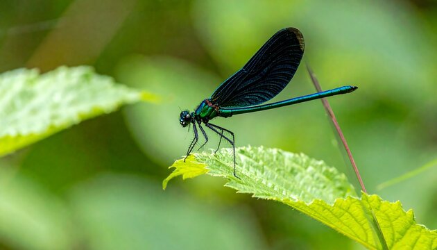 Vibrant dragonfly resting on a leaf in lush foliage - Powered by Adobe