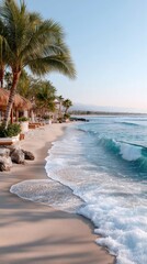 Idyllic Beach Scene With Palm Trees Gentle Waves And Sandy Shoreline Under Golden Sunlight