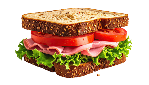 Open sandwich with ham, tomato, and lettuce on whole-wheat bread