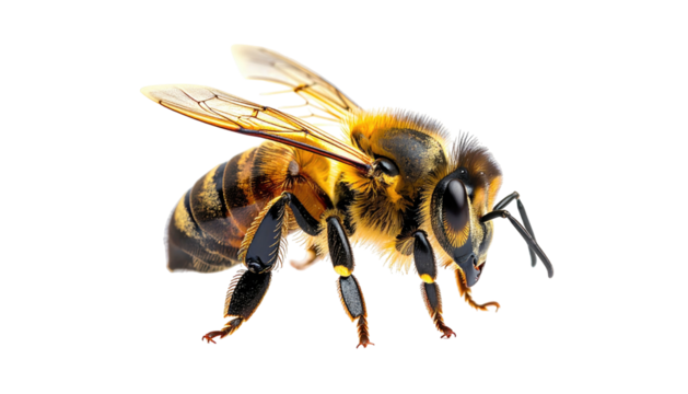 Honeybee with visible wings, legs, and antennae, against black