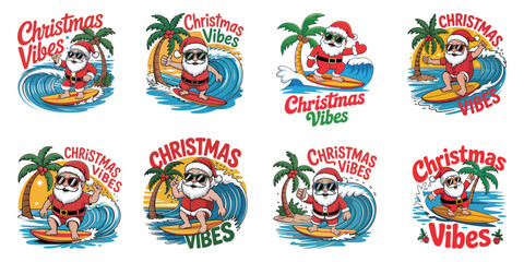 Cool Santa Claus surfing with Christmas vibes, enjoy the holidays with tropical fun, festive season at the beach, vector designs for shirts