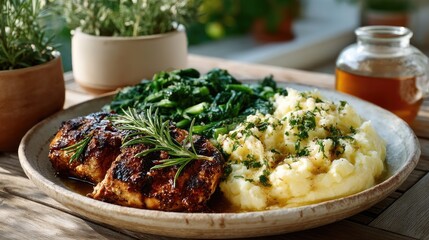 Juicy Grilled Chicken Breast with Rosemary Served with Creamy Mashed Potatoes and Fresh Spinach in Daylight Outdoor Setting