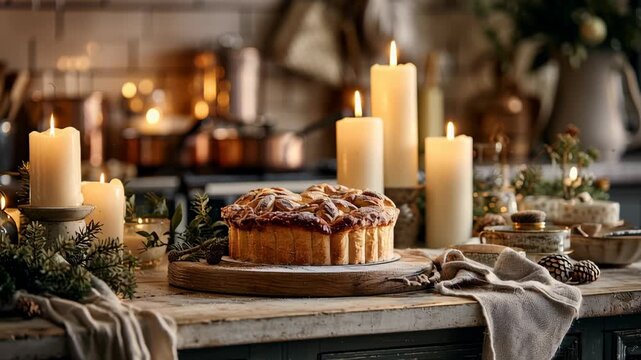 A cake is on a wooden board with candles lit around it. The candles are lit. Close-up of warm kitchen interior detail &mdash; pie on table, candles, and festive greenery, homely country style christmas