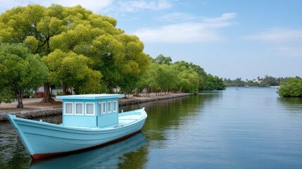 Light Blue Tourist Boat Navigates Calm Waterways Lined with Lush Green Trees Under a Bright Sunny Sky