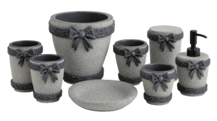 Gray bathroom set with bows, soap dispenser, cups, and tray arranged
