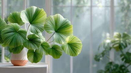 Lush Green Plant With Variegated Leaves In A White And Orange Pot On A Windowsill With Soft Sunlight Streaming Through A Window Showing A Greenhouse Garden Background