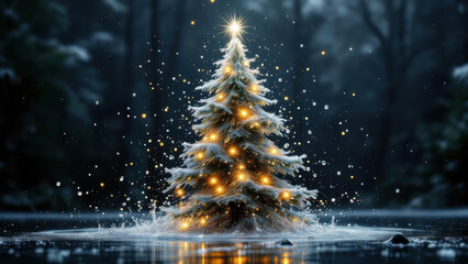 Magical christmas tree with glowing light in winter forest covered with snow. serene and stunning festive holiday