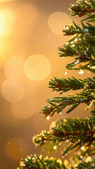 Glowing Christmas tree branch with shimmering water droplet and warm golden bokeh light for festive holiday season