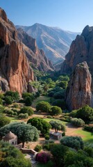 Lush Green Valley Nestled Between Towering Rocky Mountains Under a Clear Blue Sky Bathed in Bright Sunlight