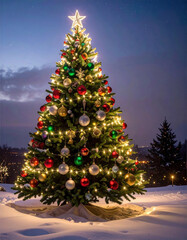 Festive Christmas tree with decoration and lights glows outdoor in snow at night under bright star