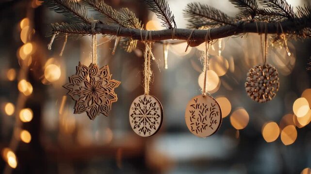 A Christmas tree with a string of lights and wooden snowflakes hanging. Close-up of wooden ornaments hanging on branch, warm light bokeh, cozy natural Christmas ambiance, eco rustic christmas home