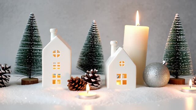 Cozy Winter Christmas Village Scene with Glowing Windows, Candles, and Miniature Trees