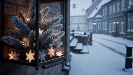 Cozy Winter Night Street View Through a Frosted Window Display Featuring Pine Branches and Soft Lights - Powered by Adobe