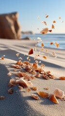Macro close up of coarse sand grains and shell fragments scattered on a sunlit beach with soft ocean waves and a large rock formation in the background under a clear blue sky during daytime