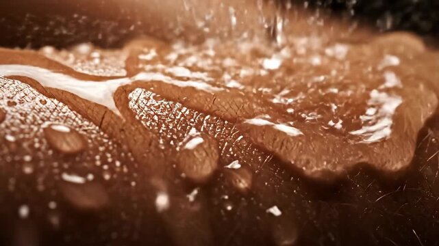 Refreshing water droplets stream and bead over textured human skin in a macro shot.