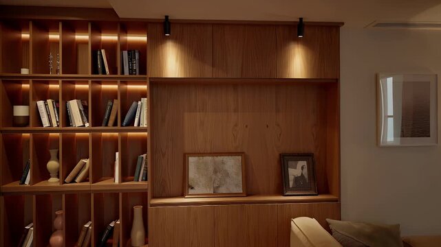 Cozy wood-toned library nook featuring built-in shelves and warm ambient lighting