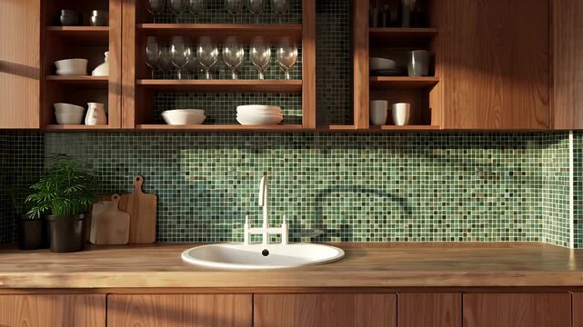 Cozy wooden kitchen with glassware-filled open shelves and green mosaic backsplash