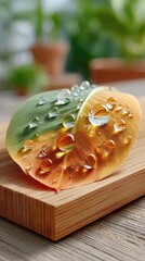 Macro Photo of Dew Droplets on a Banana Leaf with Golden Light and Bokeh Background on a Wooden Surface