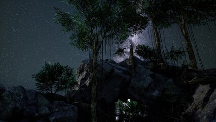Under a canopy of twinkling stars, the ancient rocks stand silently amidst vibrant greenery. The tranquil jungle breathes life as shadows dance under the milky ways glow.