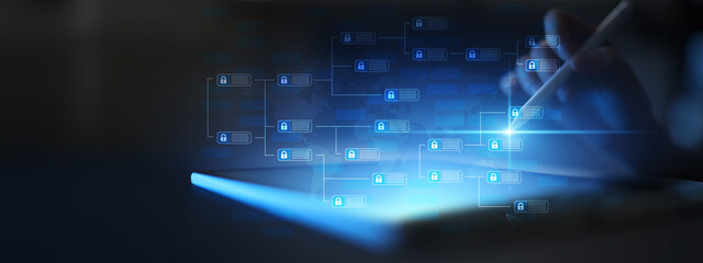 Blockchain Data Security and Digital Encryption Network Visualization.