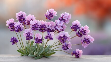 Macro Photograph of Delicate Lavender Flowers in Soft Sunlight with a Blurry Orange Background