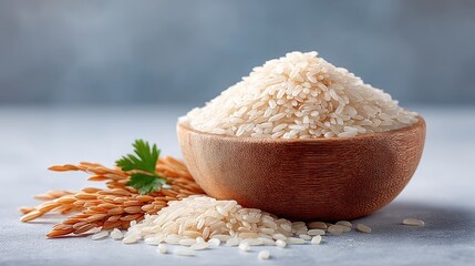 Macro Photograph of Uncooked White Rice Grains in a Rustic Wooden Bowl with Golden Wheat Stalks and Green Leaf Sprig on a Textured Gray Background with Soft Studio Lighting