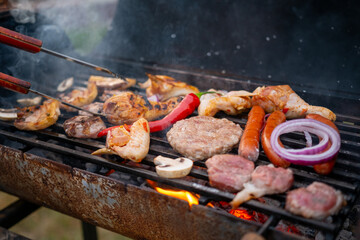 Assorted delicious grilled meat with vegetables over the coals on a barbecue